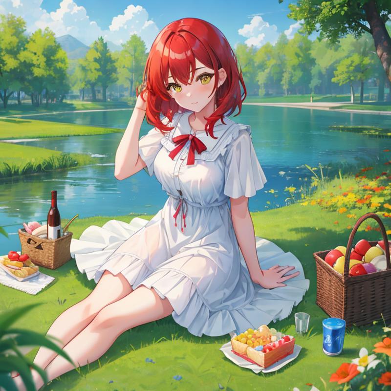 00132-2299588985-1Girl, mature, American, redhead, medium hair, yellow eyes, sitting on a picnic blanket near a lake, elegant summer dress, happy.png